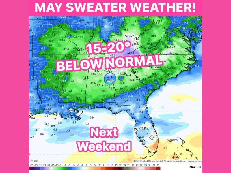 Temperatures to Plunge 15 to 20 Degrees Below Normal Across the South and Eastern US Next Weekend With Highs in the 50s and 60s and Lows Dropping Into the 30s and 40s