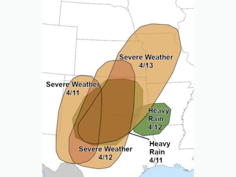 Texas, Oklahoma, Arkansas and Missouri Face Multi-Day Severe Weather Risk From April 11 to 13 With Heavy Rain Threat Expanding Into Mississippi Valley