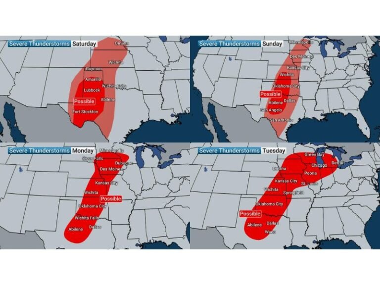 Texas, Oklahoma, Kansas, Missouri, Illinois, and Iowa Face Multi-Day Severe Weather Threat From Saturday Through Wednesday With Peak Risk Monday and Tuesday