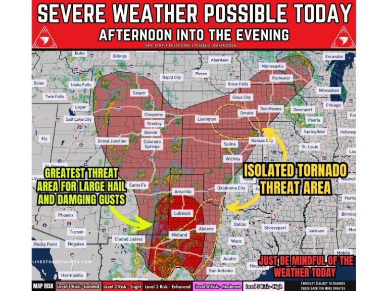 Texas, Oklahoma, Kansas, Nebraska, and South Dakota Face Severe Weather Risk Today With Afternoon Storms Bringing Large Hail, Damaging Winds, and Isolated Tornado Threat