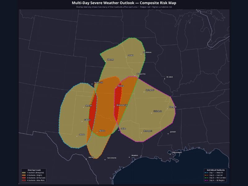 Texas, Oklahoma, Kansas and Arkansas Face Multi Day Severe Storm Threat With Overlapping Risk Zones Signaling Repeated Hail, Wind and Tornado Potential
