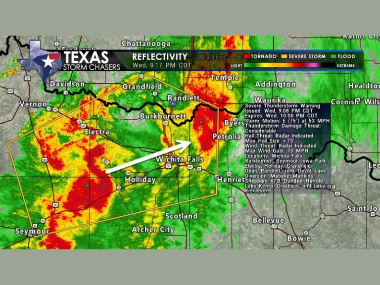Texas Storm Moves Along Highway 82 From Mankins to Wichita Falls With 60 MPH Wind Gusts, Heavy Rain and Lightning but No Tornado Threat