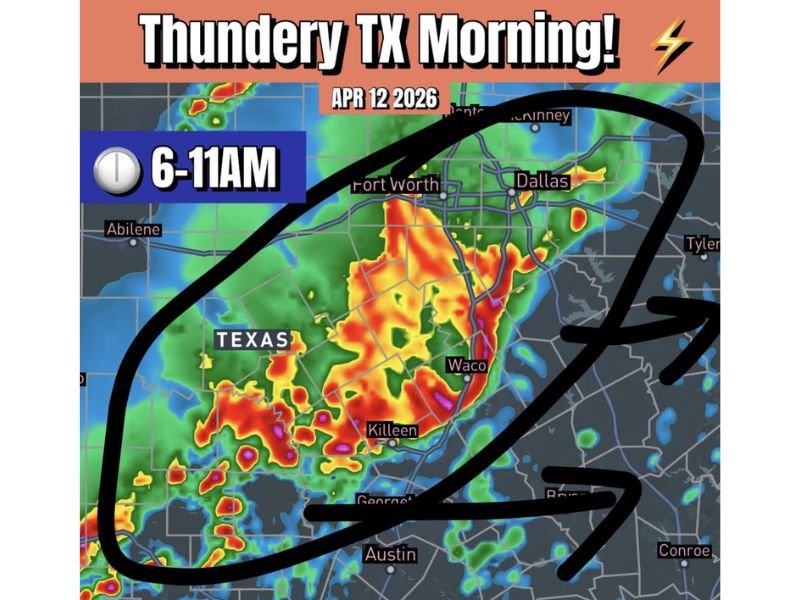Thundery Morning Ahead for Texas Sunday April 12 as Storm Complex Brings Vivid Lightning and Heavy Rain to Dallas and Austin Between 6 and 11 AM
