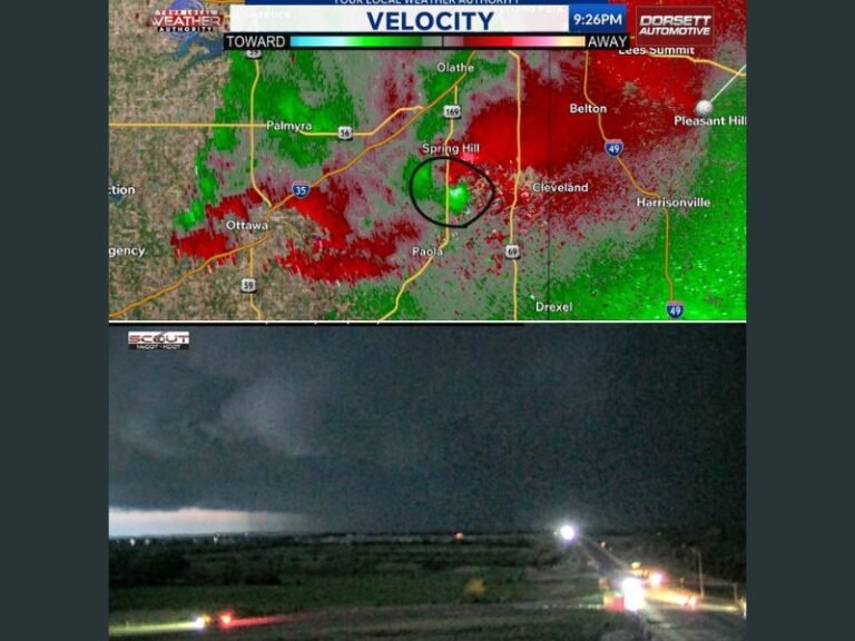 Tornado Confirmed South of Kansas City Moving Into Western Missouri at 9:26 PM With Terrifying Radar Velocity Signature Near Spring Hill, Paola and Ottawa