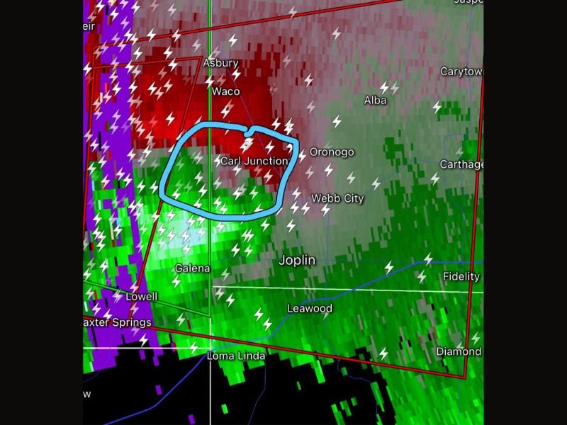 Tornado Warned Storm Approaches Joplin Missouri With Dangerous Rotation Detected Near Carl Junction Threatening Webb City Oronogo and Surrounding Communities