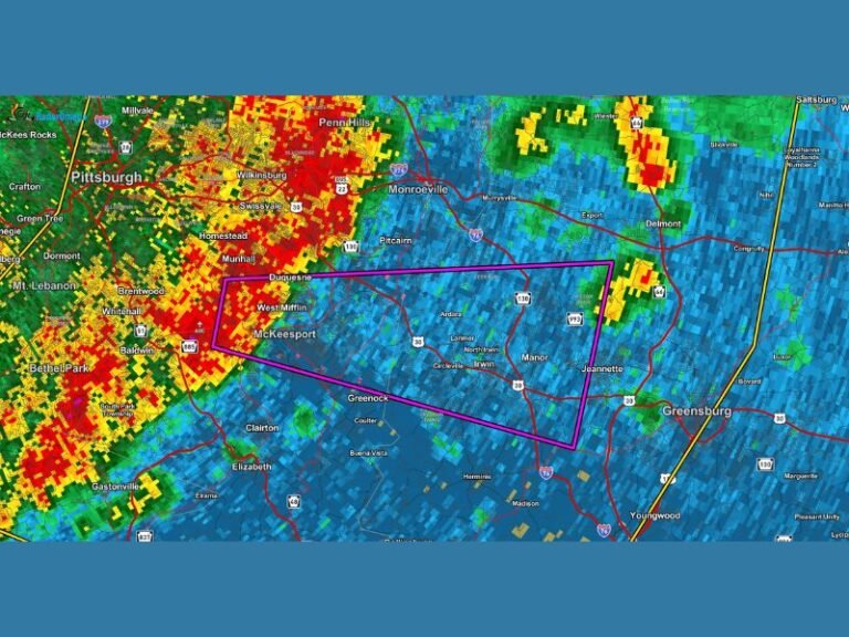 Tornado Warning Issued Near Pittsburgh, Pennsylvania as Dangerous Storm Targets McKeesport Area With Urgent Shelter Alert
