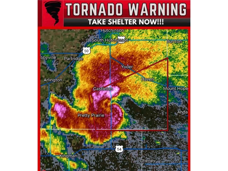 Tornado Warning Issued West of Wichita Kansas as Tornado-Capable Storm Roars Near Pretty Prairie Moving East at 20 MPH Toward Populated Communities