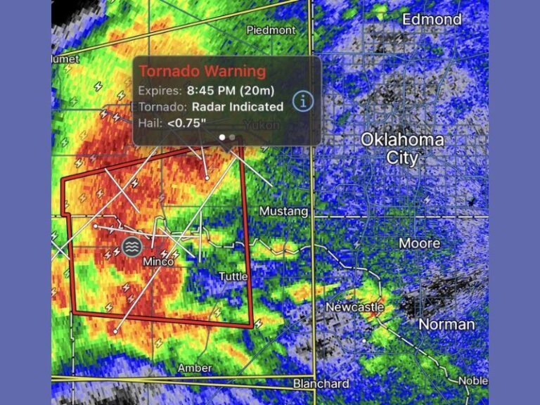 Tornado Warning Near Oklahoma City Oklahoma Moves Toward Union City Minco and Tuttle With Immediate Take Cover Alert
