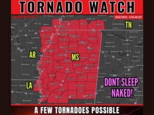Tornado Watch Issued Across Arkansas Louisiana Mississippi and Tennessee With Tornadoes Possible Golf Ball Sized Hail and 70 MPH Winds Threatening Four States Until 4 AM CDT