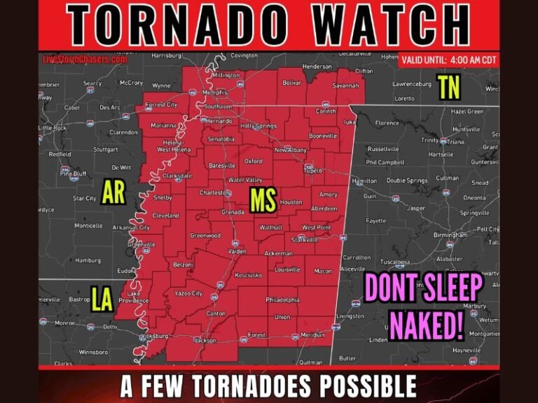 Tornado Watch Issued Across Arkansas Louisiana Mississippi and Tennessee With Tornadoes Possible Golf Ball Sized Hail and 70 MPH Winds Threatening Four States Until 4 AM CDT