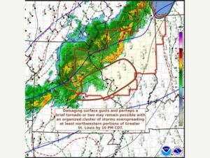 Tornado Watch and Damaging Wind Gusts up to 80 MPH With 1.75 Inch Hail Threatening St. Louis Counties as Organized Storm Cluster Arrives Around 10 PM