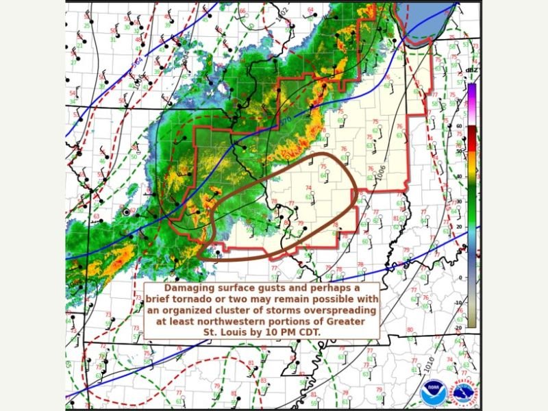 Tornado Watch and Damaging Wind Gusts up to 80 MPH With 1.75 Inch Hail Threatening St. Louis Counties as Organized Storm Cluster Arrives Around 10 PM