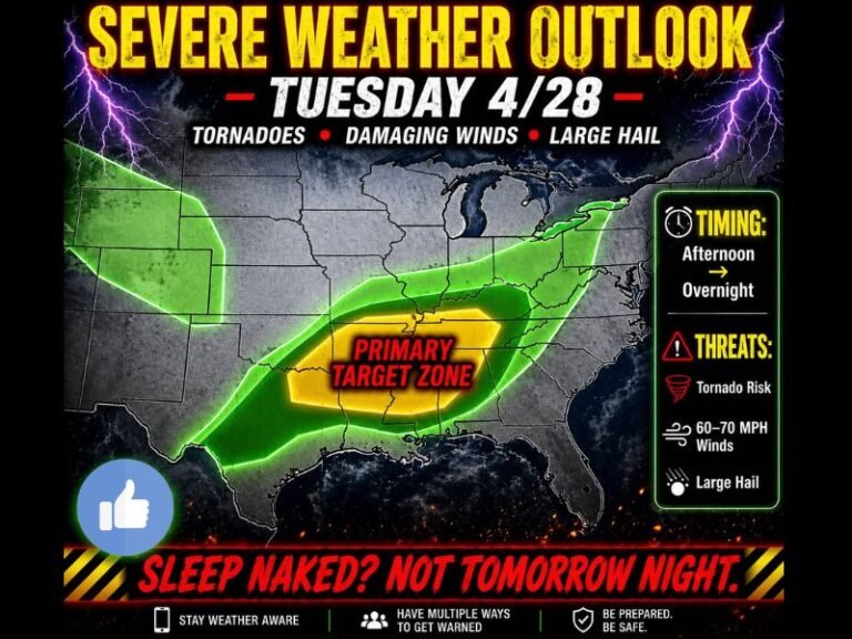 Tornadoes 60 to 70 MPH Winds and Large Hail Target Primary Zone Across the South in Severe Weather Outlook for Tuesday April 28 With Threat Timing From Afternoon Into Overnight