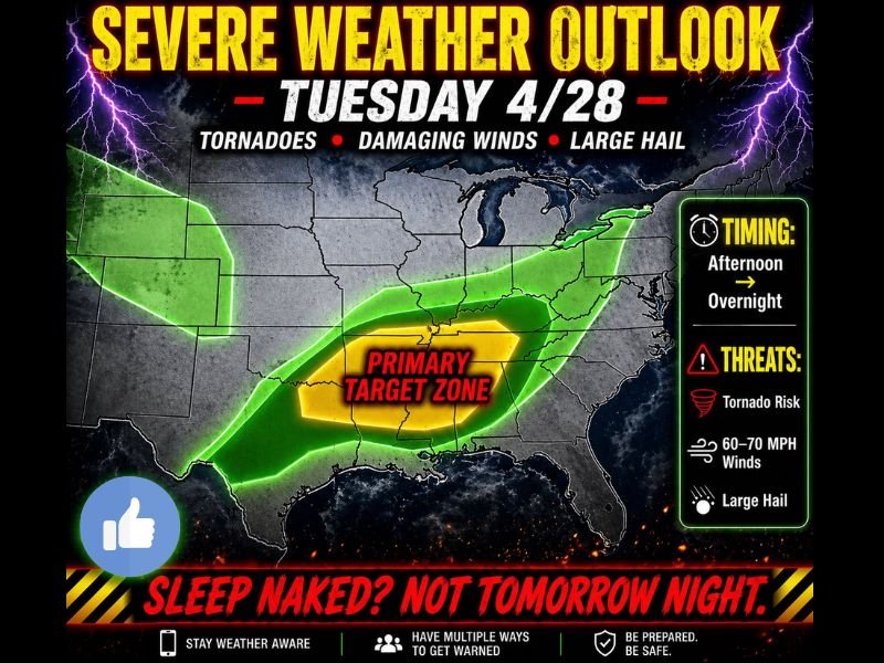 Tornadoes 60 to 70 MPH Winds and Large Hail Target Primary Zone Across the South in Severe Weather Outlook for Tuesday April 28 With Threat Timing From Afternoon Into Overnight