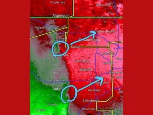 Two Radar Rotation Areas Detected Moving Northeast Across Illinois Chicago Suburbs Targeting Elgin, Schaumburg, Aurora, and Bolingbrook Friday Night
