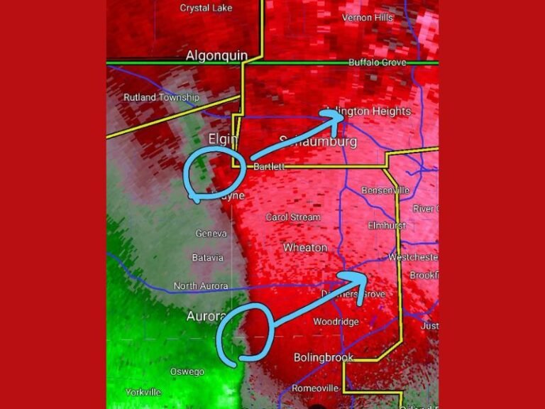 Two Radar Rotation Areas Detected Moving Northeast Across Illinois Chicago Suburbs Targeting Elgin, Schaumburg, Aurora, and Bolingbrook Friday Night
