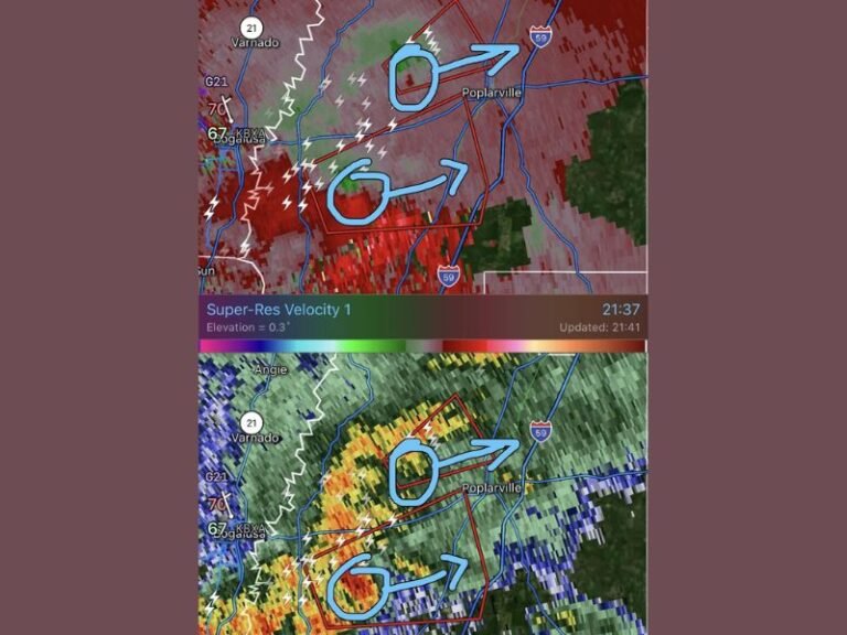 Two Tornado Warnings Issued Near Poplarville Mississippi as Separate Storm Circulations Track North and South of Pearl River County