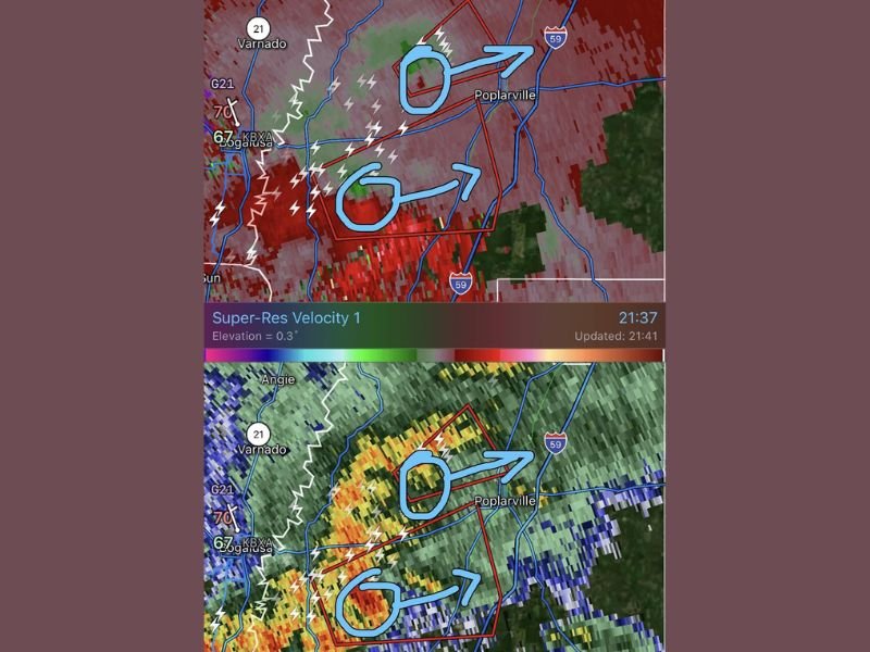 Two Tornado Warnings Issued Near Poplarville Mississippi as Separate Storm Circulations Track North and South of Pearl River County