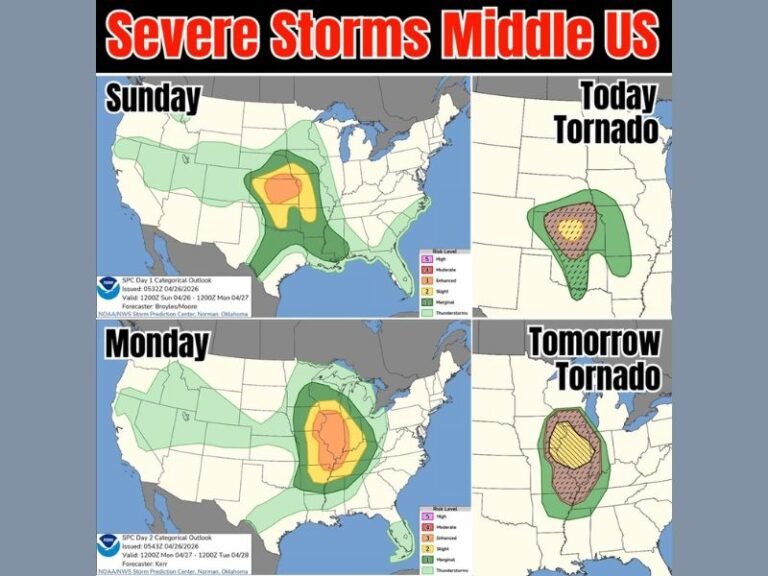 Violent Tornado Outbreak Threatens Central US Sunday and Monday as SPC Issues Rare Level 4 Moderate Risk With Hatched Zones Signaling Intense, Long-Track Twisters