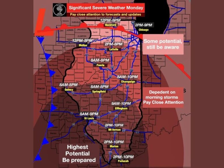 Violent Tornadoes Tennis Ball Sized Hail and Destructive Winds Threatens Illinois Monday From Morning Through Evening Across Peoria Springfield Chicago and Beyond