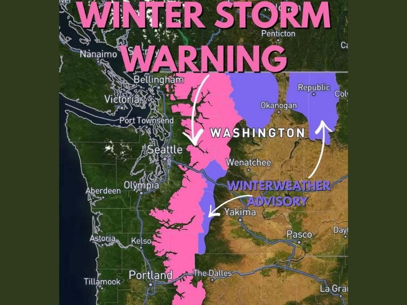 Washington State Cascade Mountains Hit With Winter Storm Warning Starting Tuesday 11 AM as Western Lowlands Face Rainy Blustery Day With Gusty Winds