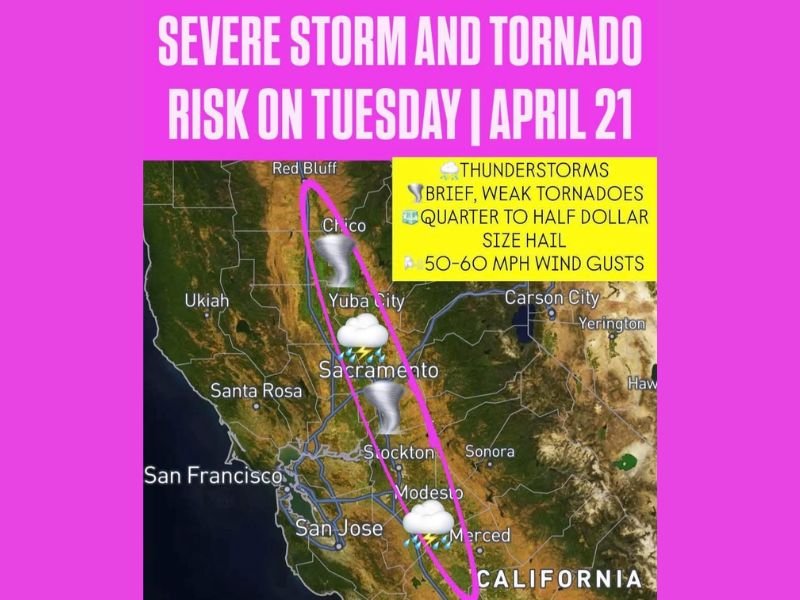 Weak Tornadoes, Large Hail and 60 MPH Wind Gusts on the Way for California's Sacramento and San Joaquin Valleys as Strong Storm System Moves In Tuesday