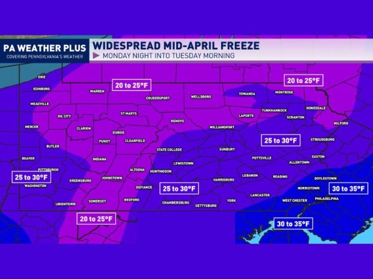 Widespread Mid-April Freeze to Hit Pennsylvania Monday Night Into Tuesday Morning, Temperatures Expected to Plummet Into the 20s Threatening Crops and Vegetation