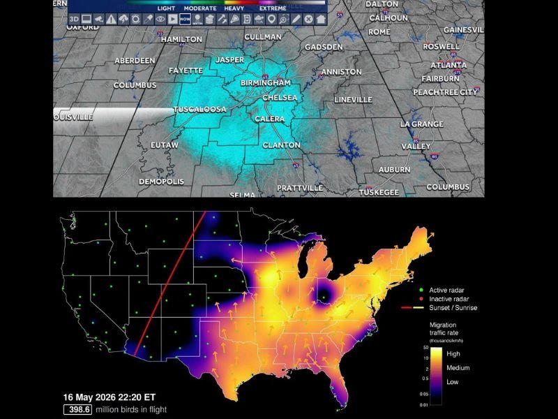 188500 Birds in Flight Detected Over Birmingham Alabama by Doppler Radar Saturday Night Traveling North at 28 MPH and 3300 Feet Altitude Tracked by Cornell University Birdcast