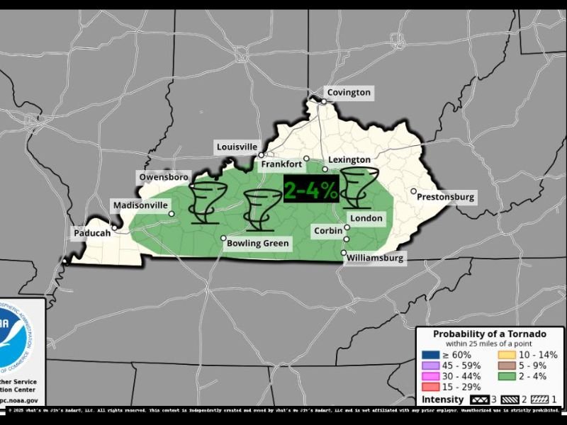 2 to 4 Percent Tornado Probability Issued for Kentucky on May 26 as Broadened Concern Zone Covers Louisville Lexington Bowling Green and the Paducah Corridor