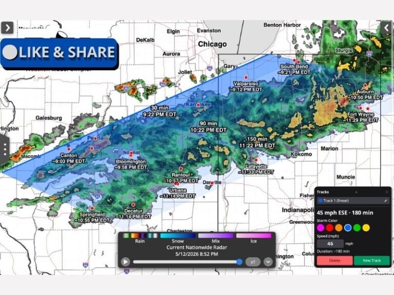 50 to 60 MPH Wind Gusts and Hail Targeting Illinois and Indiana Tonight as Fast Moving Storms Track From Canton and Chicago Through Bloomington and Fort Wayne Between 9 PM and Midnight