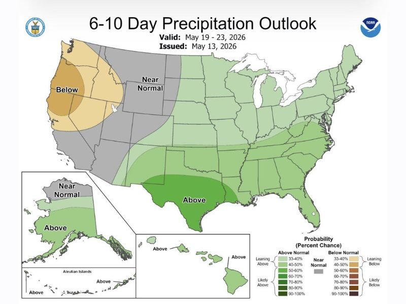 Above Normal Rainfall at 80 to 90 Percent Probability Targets Texas and the Eastern United States From May 19 to 23 as NOAA Six to Ten Day Outlook Signals Major Pattern Flip