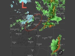 Active Low Pressure System Spins Near Casper Wyoming Bringing Snow to Northern Mountains Hail Lightning and Funnel Cloud Reports Across Colorado’s Eastern Plains