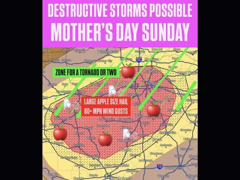 Apple Size Hail and 80 MPH Winds With Tornado Risk to Strike Texas From DFW Metro to Big Country on Mothers Day Sunday as Destructive Storms Build Through the Afternoon and Evening