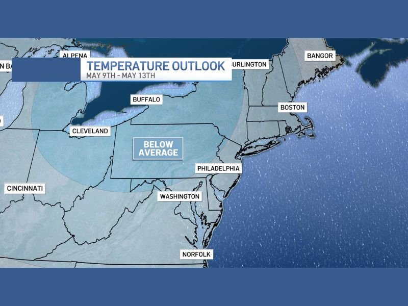 Below Average Temperatures to Grip the Northeast From May 9 Through May 13 With 60s by Day and 40s by Night Across Cleveland, Philadelphia, Boston, and Washington