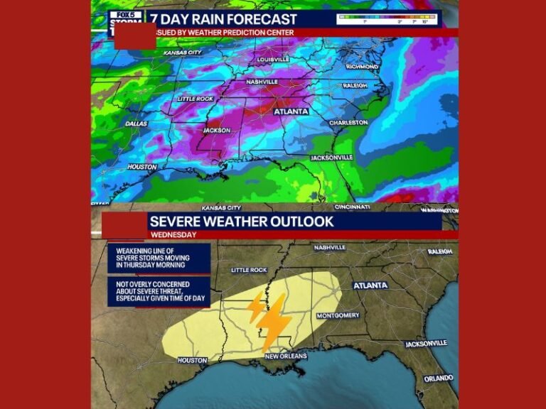 Cold Front Sweeps Southeast With Storm Line and Over 2 Inches of Rainfall Across Georgia, Atlanta, Nashville, and Jackson Wednesday Night Into Thursday Morning