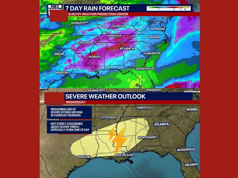 Cold Front Sweeps Southeast With Storm Line and Over 2 Inches of Rainfall Across Georgia, Atlanta, Nashville, and Jackson Wednesday Night Into Thursday Morning
