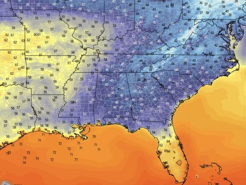 Cold Morning Start in the Mid 40s to Low 50s Gives Way to Upper 70s and Low 80s by Afternoon Across the Gulf Coast Region in a Dramatic Single Day Temperature Swing