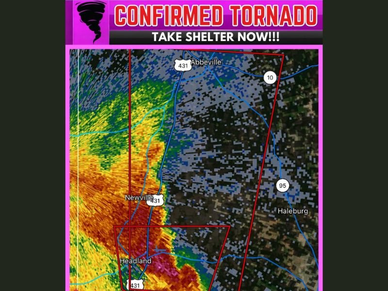 Confirmed Tornado on the Ground Near Headland Alabama Moving North at 25 MPH With Newville and Abbeville Directly in the Path and Take Shelter Now Order Issued