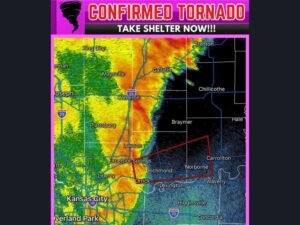 Confirmed Tornado on the Ground Near Wood Heights Missouri Moving East at 60 MPH With Richmond and Norborne Directly in the Path and Take Shelter Order Issued