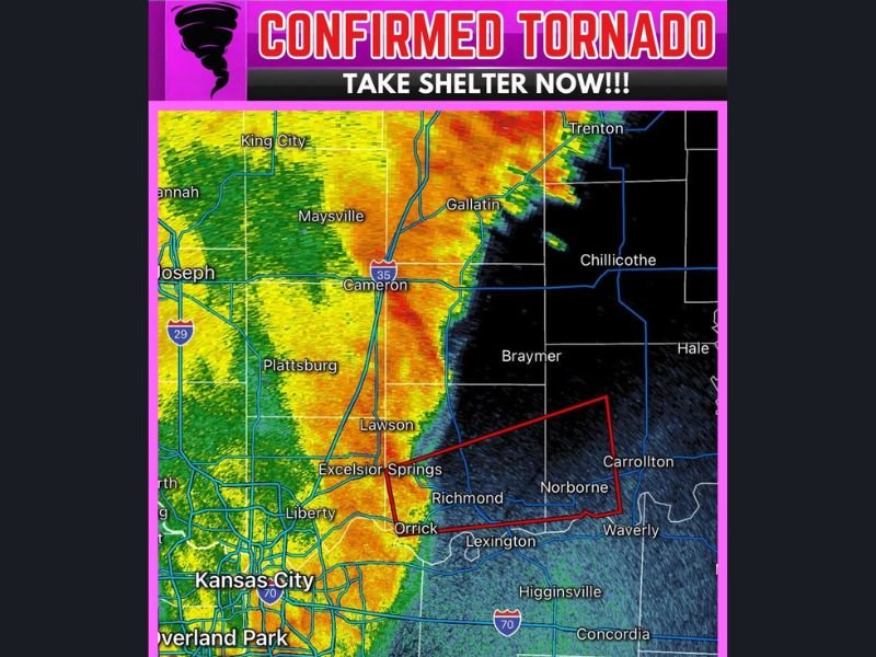Confirmed Tornado on the Ground Near Wood Heights Missouri Moving East at 60 MPH With Richmond and Norborne Directly in the Path and Take Shelter Order Issued