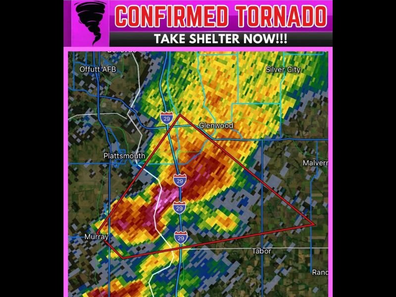 Confirmed Tornado on the Ground Over Beaver Lake Nebraska Iowa Border Area Moving Northeast at 20 MPH With Glenwood and Plattsmouth in the Direct Path Near Offutt AFB