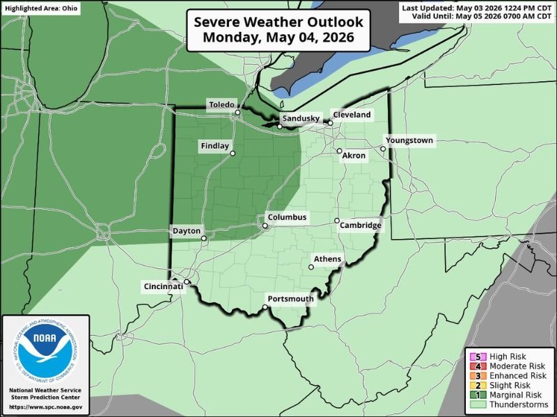 Damaging Wind Gusts and Hail Possible Across Ohio Under Marginal Severe Weather Risk Monday May 4 With Heavy Rain and Embedded Thunderstorms Continuing Into Tuesday