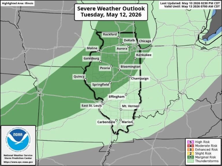 Damaging Wind Gusts and Hail Threaten Northern Illinois Tuesday Afternoon and Evening May 12 2026 Under Slight Risk From Rockford and Chicago Through Peoria and Springfield