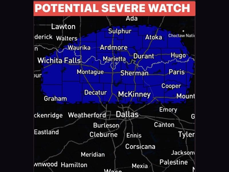 Damaging Winds Up to 75 MPH and Large Hail Threaten North Texas and Southern Oklahoma as Potential Severe Watch Looms for DFW Metroplex This Evening Into Overnight Hours