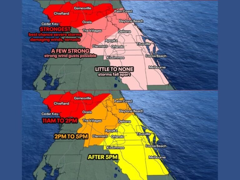 Damaging Winds and Tornado Possible Across Gainesville, Cedar Key, Chiefland, and Ocala as Cold Front Storm Line Strikes Central and North Florida Saturday