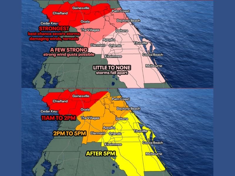 Damaging Winds and Tornado Possible Across Gainesville, Cedar Key, Chiefland, and Ocala as Cold Front Storm Line Strikes Central and North Florida Saturday