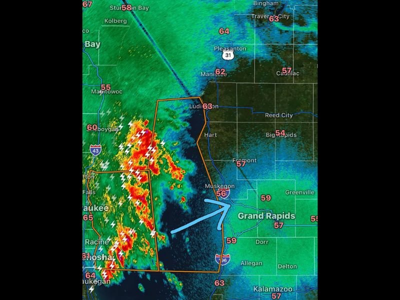 Decaying Storm Line With Strong Gusty Winds Crosses Lake Michigan Toward Western Lower Michigan at 3:36 AM With Shoreline Arrival Expected Within the Hour