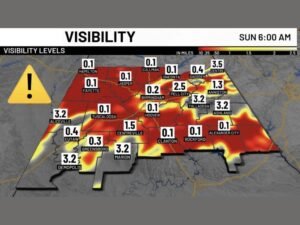 Dense Fog Drops Visibility to 0.1 Miles Across Central Alabama Sunday Morning With Dangerous Driving Conditions From Tuscaloosa and Birmingham Through Clanton and Alexander City
