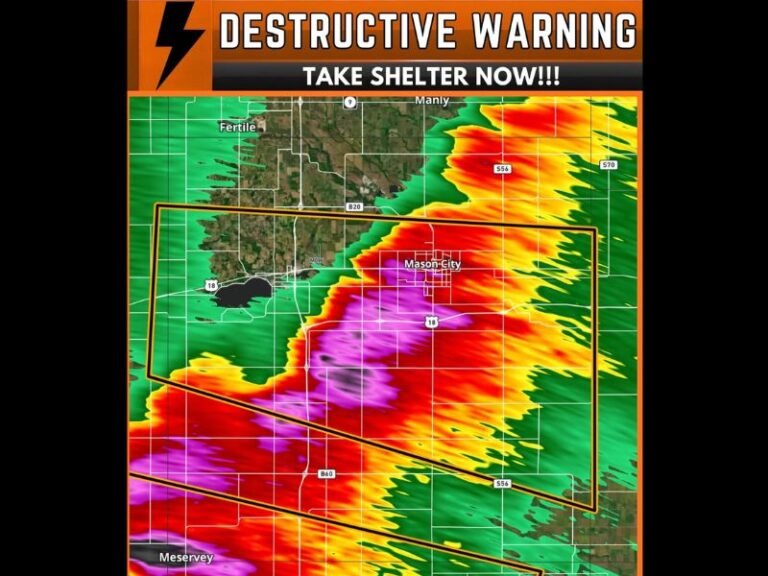 Destructive Warning Issued for Mason City Iowa as Severe Thunderstorm Packing Baseball Size Hail and 60 MPH Wind Gusts Moves East at 35 MPH From Clear Lake State Park