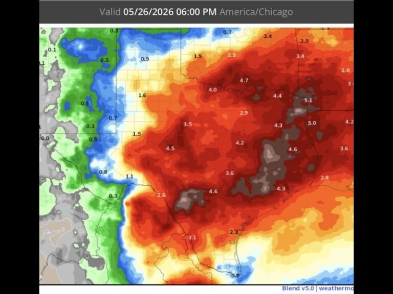 Exceptional Rainfall Totals of 3 to 5 Inches Forecast Across Texas and Surrounding Region Through Memorial Day With NOAA Blend of Models Projecting Historic Precipitation Through May 26
